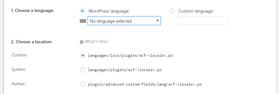 Choosing a new language and location for your po file.