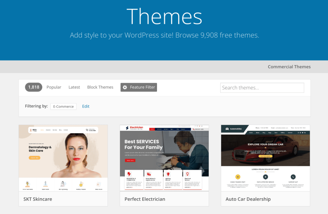 The WordPress Theme Directory showing themes with responsive WooCommerce UX options.