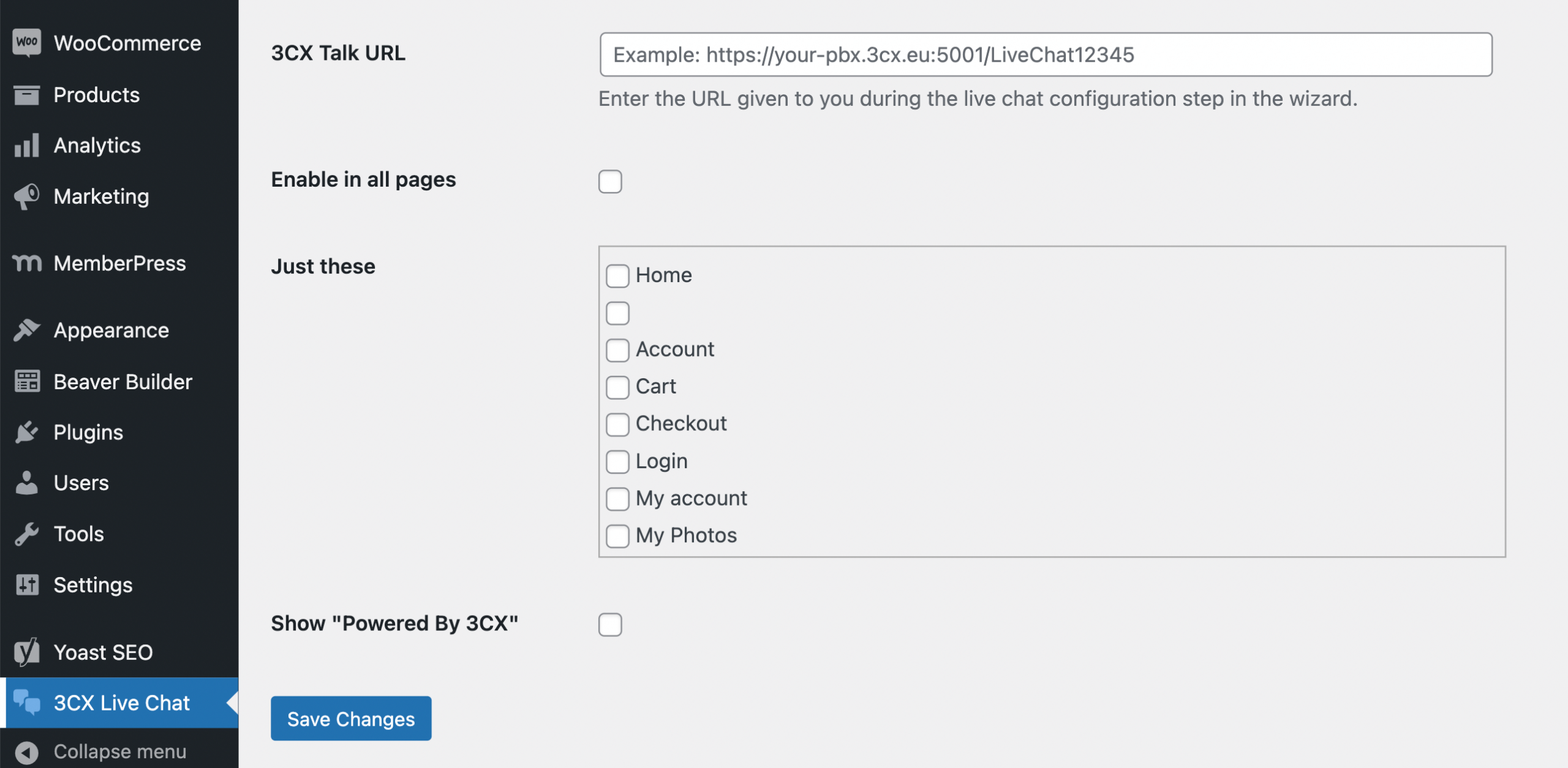 The 3CX Live Chat plugin on the WordPress dashboard menu. 