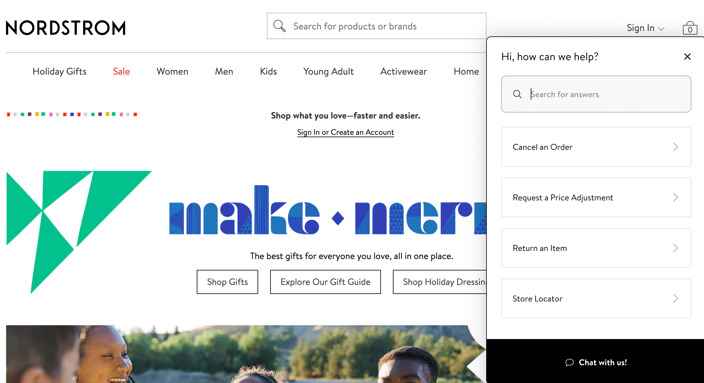 A live chat box in the Nordstrom homepage. 
