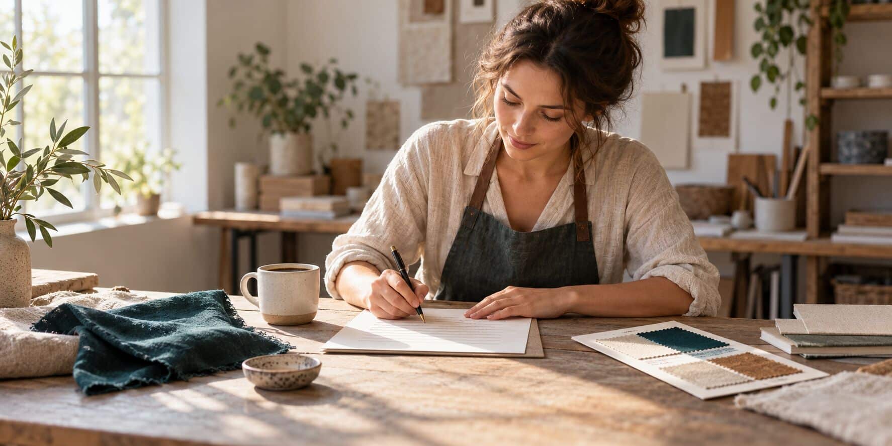 A small-business owner writes a reply on a paper order sheet at a sunlit studio desk, with a coffee cup, a fabric swatch, and a sample card beside her