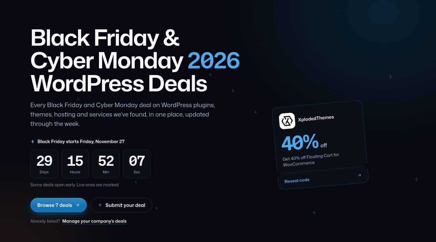 The Black Friday and Cyber Monday 2026 WordPress Deals page with a countdown to November 27, Browse deals and Submit your deal buttons, and a sample 40% off deal ticket