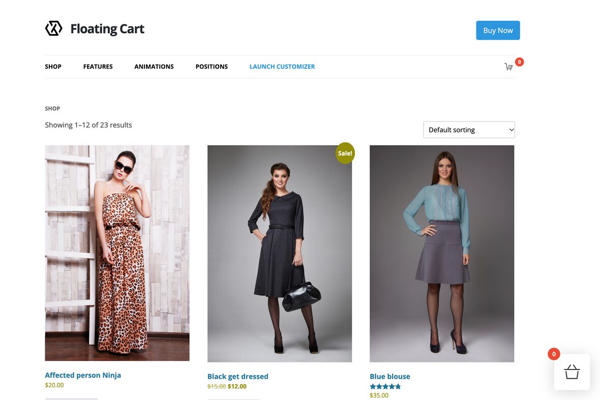 Screenshot of the Floating Cart demo store showing a grid of dresses with a round cart button and item count in the bottom right corner