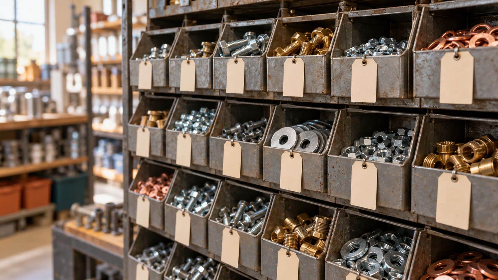 Wall of metal parts bins filled with bolts, washers and brass fittings, each with a blank paper tag