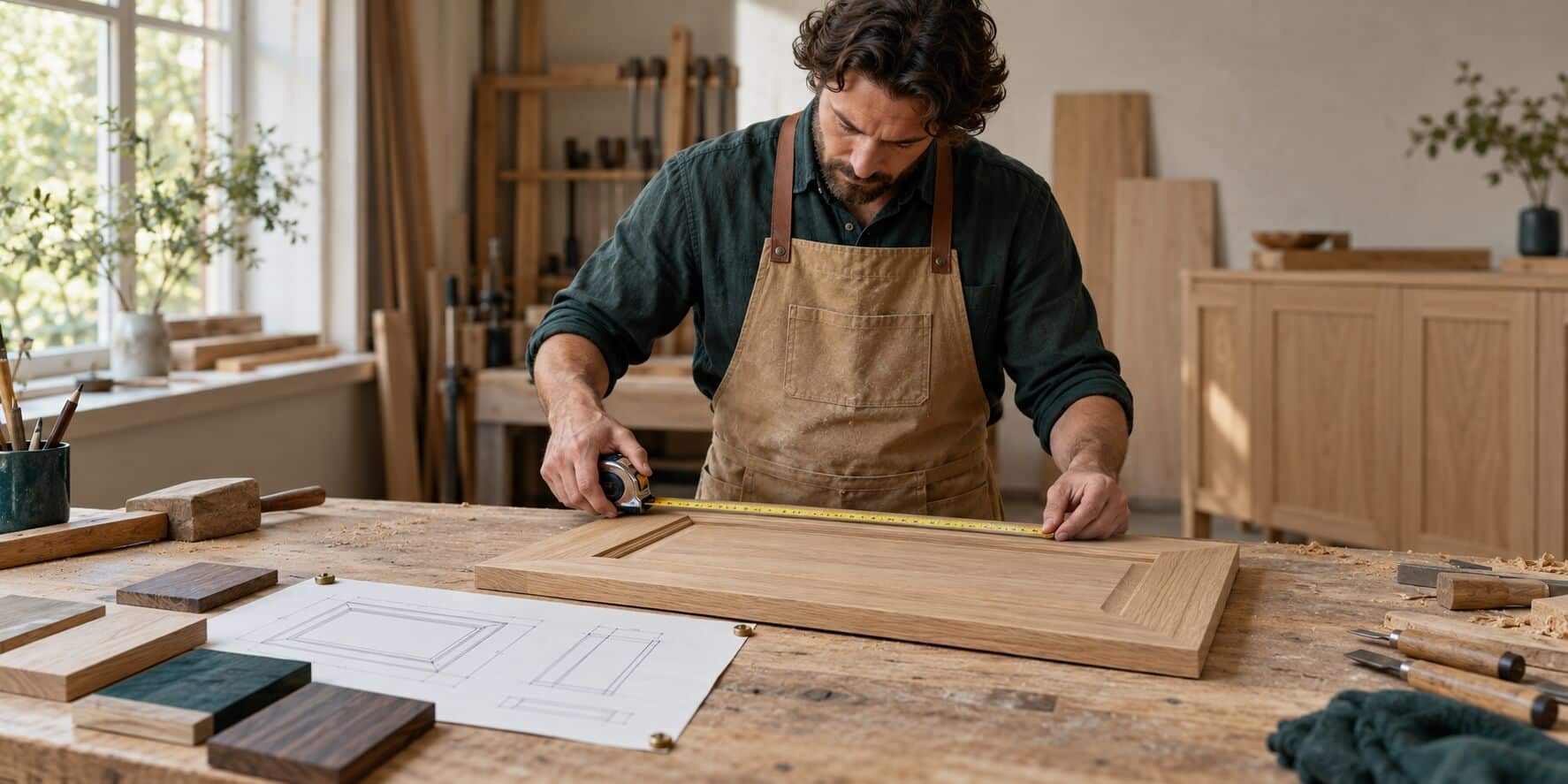 A furniture maker in a canvas apron measures an unfinished oak cabinet door with a tape measure, next to a pinned technical sketch and wood samples