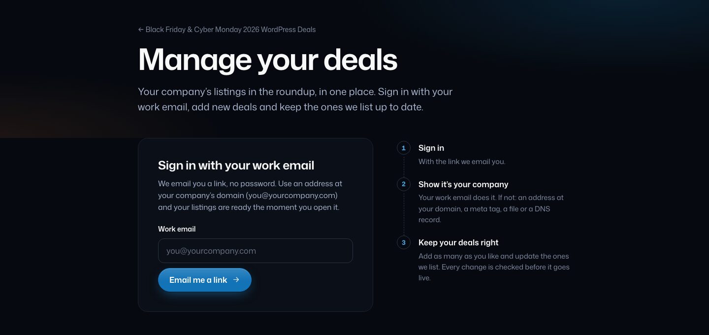 The Manage your deals page with a work email sign-in box and three steps: sign in, show it's your company, keep your deals right