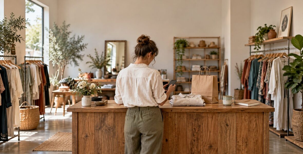 A boutique owner seen from behind stands at a wooden counter holding a smartphone, with a folded linen shirt, a paper bag, a notebook and a mug beside them