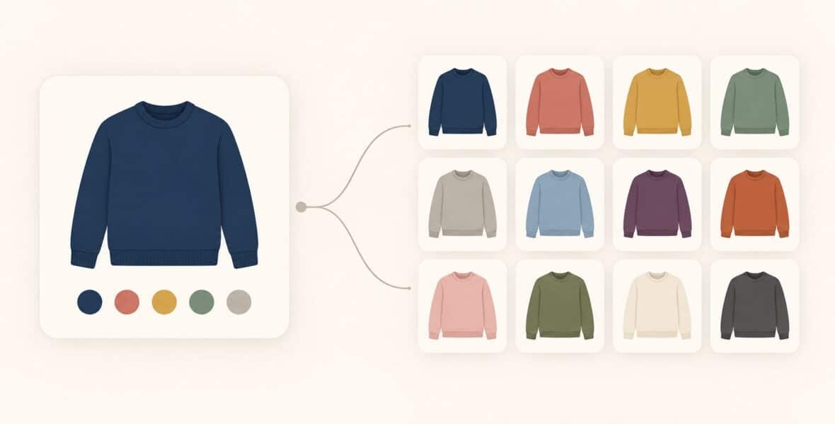 Illustration of one large card holding a navy sweater with five color dots beneath it, connected by a thin line to a grid of twelve smaller cards showing the same sweater in different colors