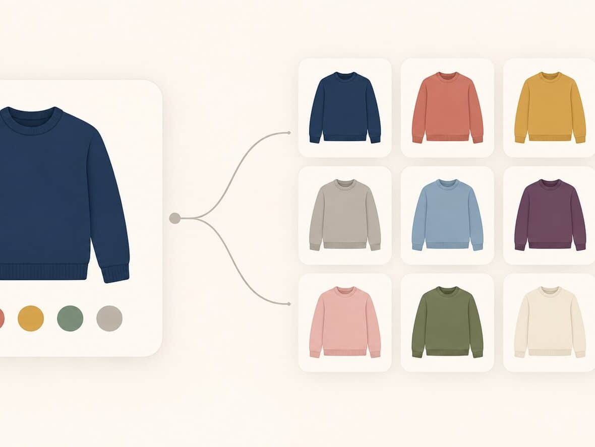 Illustration of one large card holding a navy sweater with five color dots beneath it, connected by a thin line to a grid of twelve smaller cards showing the same sweater in different colors