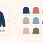 Illustration of one large card holding a navy sweater with five color dots beneath it, connected by a thin line to a grid of twelve smaller cards showing the same sweater in different colors