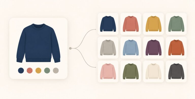 Illustration of one large card holding a navy sweater with five color dots beneath it, connected by a thin line to a grid of twelve smaller cards showing the same sweater in different colors