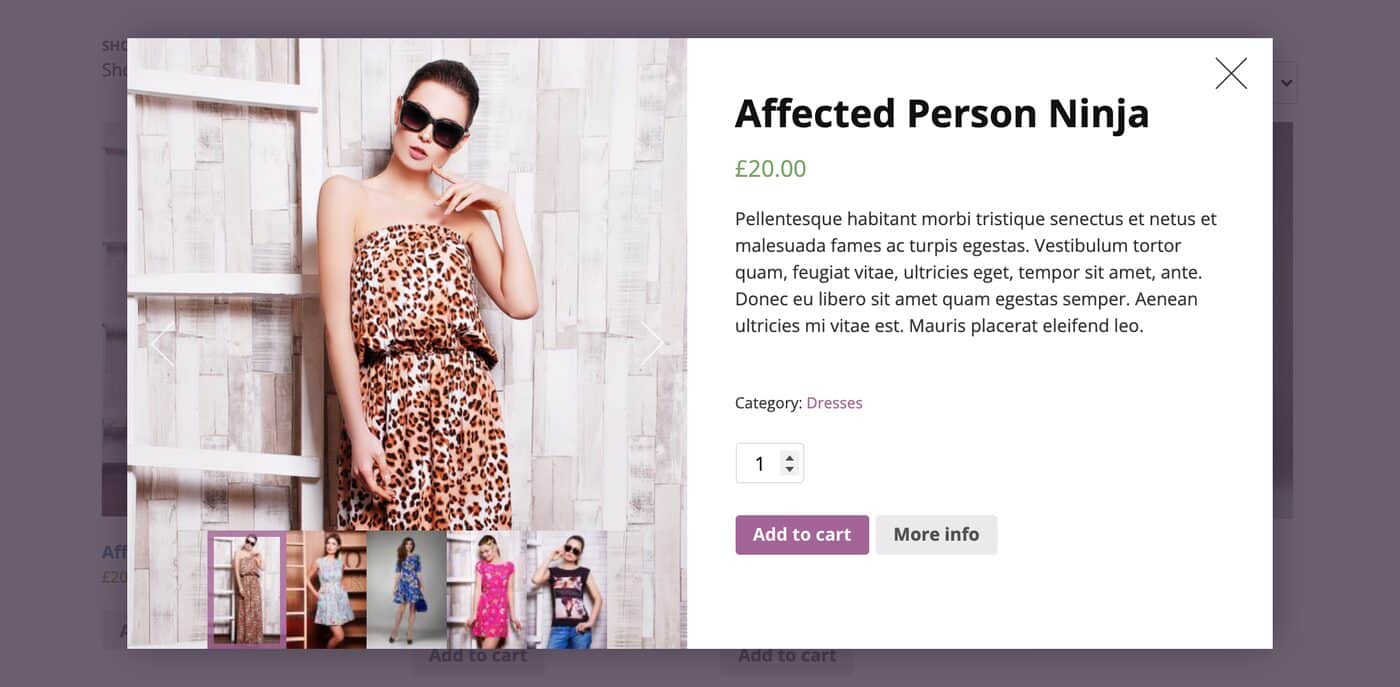 Quick view popup in the Xploded Themes demo shop showing a product photo with thumbnails, the title, price, short description, quantity field, Add to cart button and More info button