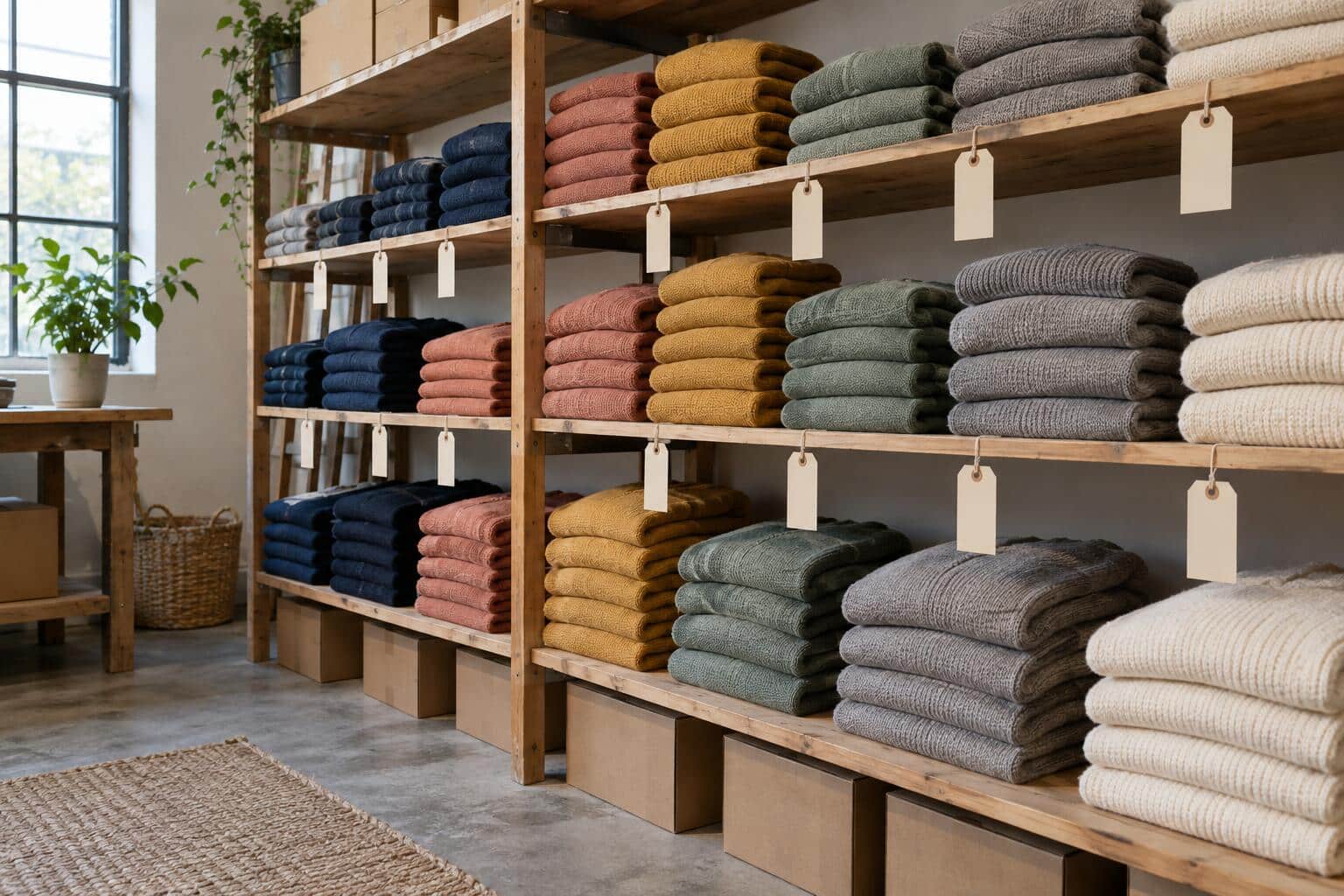 Wooden stockroom shelves holding stacks of folded knit sweaters sorted by color, with blank paper tags hanging from the shelves