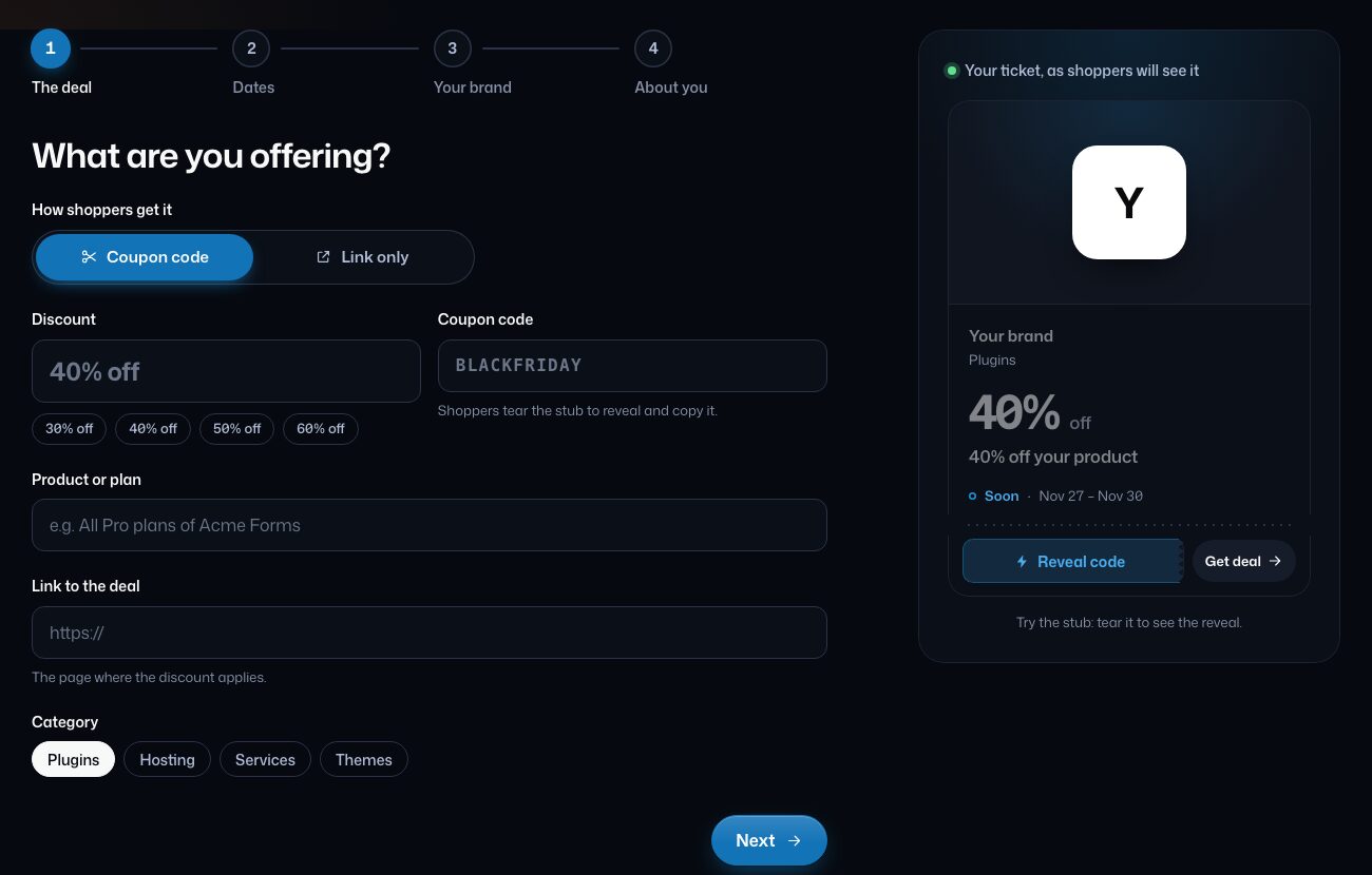 Step one of the Submit your Black Friday deal form, with coupon code or link only, discount, coupon code, product, link and category fields beside a live preview of the deal ticket