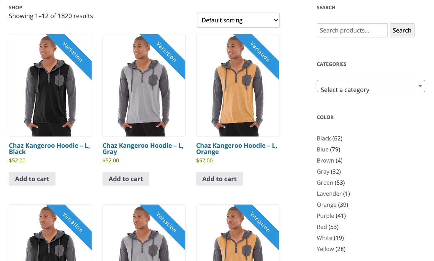 Screenshot of the Variations As Singles demo shop showing hoodie variation tiles with color photos, add to cart buttons, and a sidebar with a color filter list