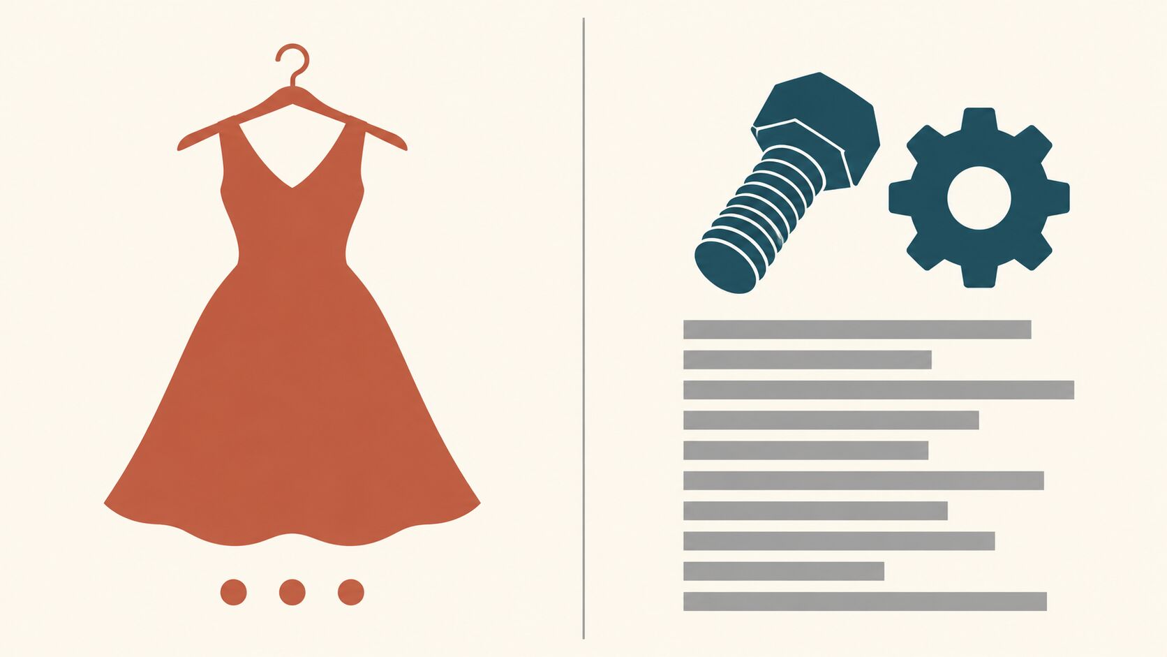 Split diagram comparing a single dress on a hanger with only a few details, and a bolt and gear icon above a long stack of specification lines