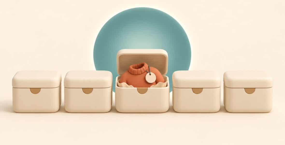 Illustrated row of five cream boxes with the center box open, showing a folded terracotta sweater with a round tag in front of a large teal circle