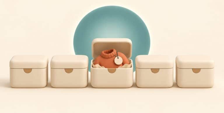 Illustrated row of five cream boxes with the center box open, showing a folded terracotta sweater with a round tag in front of a large teal circle
