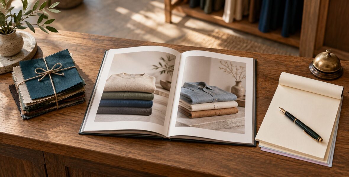 An open product lookbook of folded garments on a wooden showroom counter, beside tied fabric swatches, a blank quote pad with a fountain pen, and a brass desk bell